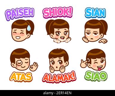 Singlish, Colloquial Singaporean English. Cute cartoon anime boy and girl showing slang words. Stock Vector