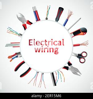 Electric cables realistic round frame with electrical writing headline and instrument set vector illustration Stock Vector