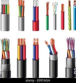 Various types power cables with electrical wire conductors held together with overall sheath realistic set vector illustration Stock Vector