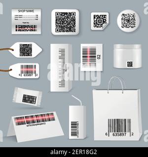 Isolated realistic qr bar code using scanning icon set different types sizes and their application vector illustration Stock Vector