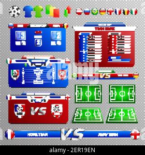 Set of soccer broadcast elements with tournament tables, country flags, fields, isolated on transparent background vector illustration Stock Vector