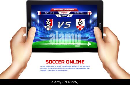 Hands holding mobile device with online broadcast of soccer championship on screen realistic vector illustration Stock Vector