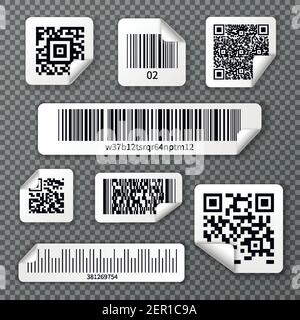 Set of stickers qr and linear bar codes with bent corner on transparent background isolated vector illustration Stock Vector