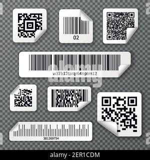 Set of stickers qr and linear bar codes with bent corner on transparent background isolated vector illustration Stock Vector