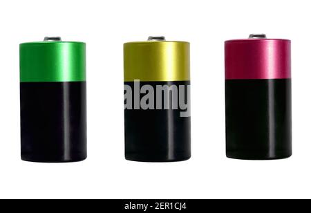 Batteries cell accumulators power alkaline battery sizes set isolated on white background. Stock Photo