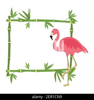 Vector illustration tropical island frame, border, poster with exotic plants and birds. Bamboo frame. Pink flamingo Stock Vector