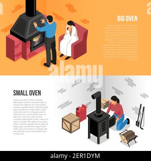 Fire places isometric horizontal banners big and small oven isolated on orange white background vector illustration Stock Vector