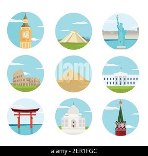 World landmarks flat icon set. Vector travel app web site monument sign. Egypt pyramid, Colosseum, Big Ben and Chichen itza. Torii gate and Taj Mahal. Stock Vector