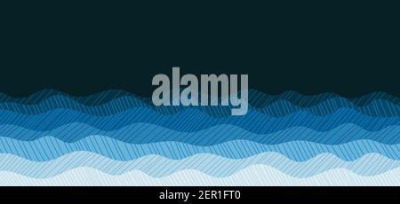 Abstract ocean blue wavy style of drawing doodle pattern artwork template. Overlapping design of minimal style background. Stock Vector