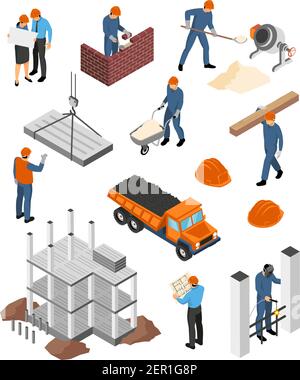 Set of isometric icons architects with blueprints and builders at work with construction materials isolated Stock Vector