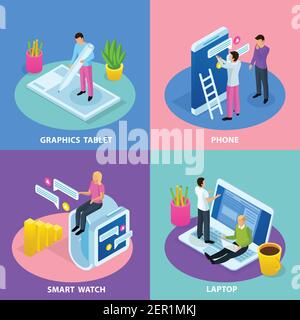 People and interfaces isometric 2x2 design concept with conceptual compositions of gadgets and little people characters vector illustration Stock Vector