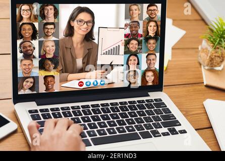 Multicultural Business People Having Online Meeting, Discussing Financial Statistics And Strategy, Collage Stock Photo