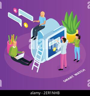 People and interfaces isometric composition with conceptual icons of smart watch message cloud pictograms with text vector illustration Stock Vector