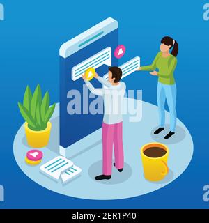 People and interfaces isometric conceptual composition with human characters mounting messaging app elements onto smartphone screen vector illustratio Stock Vector