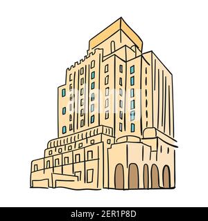 Doodle hand drawn sketch of modern high building with windows. Black outline. Vector illustration isolated on white background. Stock Vector
