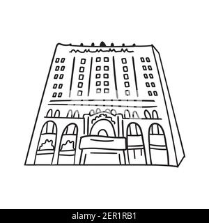 Doodle hand drawn sketch of modern high building with windows. Black outline. Vector illustration isolated on white background. Stock Vector