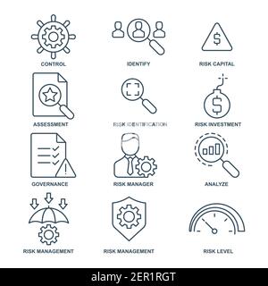 risk management  icon, line, outline vector sign, linear style pictogram isolated on white. Symbol, logo illustration Stock Vector