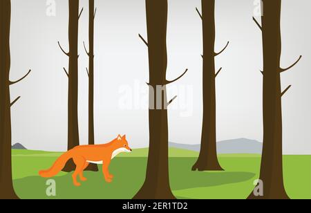 Vector illustration cloudy autumn forest landscape and red cute fox. Forest background Stock Vector