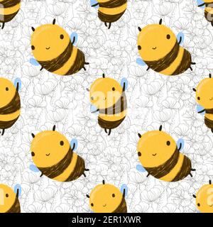 CYNLON Cute Bee Seamless Pattern Honey Vector Illustration Flying