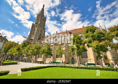 Bern, Switzerland - Aug 23, 2020: Bern Minster or Bern Cathedral, a Swiss Reformed cathedral. Built in Gothic style in 1400s. Bottom view of side Stock Photo
