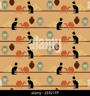 Vector illustration egypt seamless pattern with symbols of Egyopt. Egypt cat, giza pyramids, amphora, camel and pharaoh mask Stock Vector