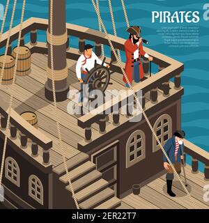 Pirates during voyage on sail wooden vessel on sea isometric Stock Vector
