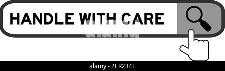 Search banner in word handle with care with hand over magnifier icon on white background Stock Vector