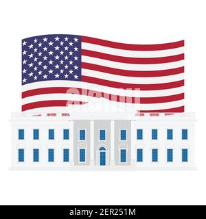 Vector illustration white house building in Washington. USA. Flag of United States of America. Stock Vector