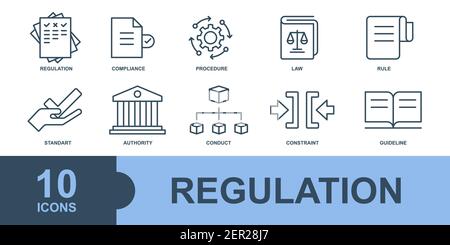 regulation icons set  line, outline vector sign, linear style pictogram isolated on white. Symbol, logo illustration Stock Vector