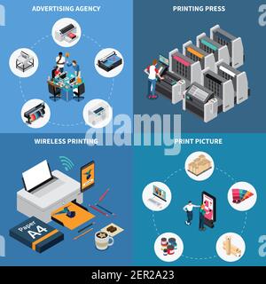 Advertising agency printing house concept 4 isometric compositions with digital technology creating pictures press device Stock Vector