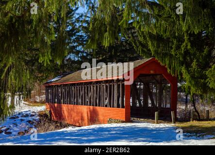 The Harrity Covered Bridge was buit in 1841 and crossed the Pohopoco Creek in Carbon County, Pennsylvania. In 1970 when the Beltzville Dam was being b Stock Photo