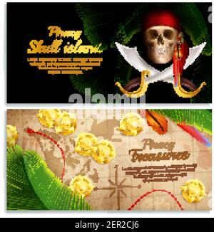 Pirate realistic horizontal banners set with treasures symbols isolated vector illustration Stock Vector