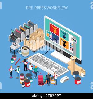 Printing house isometric composition with digital prepress workflow technology software on desktop computer monitor Stock Vector