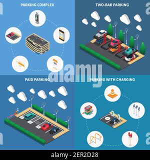 Parking lots facilities concept 4 isometric compositions icons square with charging stalls multi level complex Stock Vector