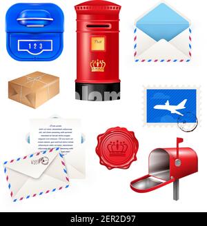 Realistic post mailbox letter set with isolated images of various parcel post packages boxes and envelopes vector illustration Stock Vector
