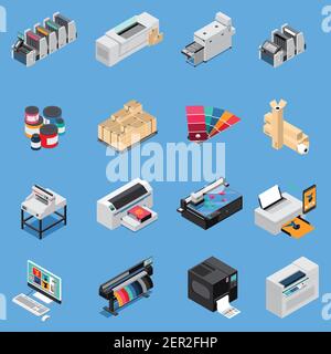 Printing house equipment production isometric icons set with digital technology and offset press devices isolated Stock Vector
