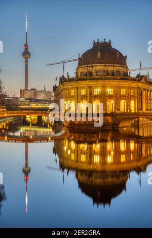 The Bode Museum, the Television Tower and the river Spree in Berlin at dawn Stock Photo