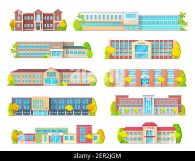 School education building isolated vector icons with primary, junior, elementary or grade school exteriors with front doors, windows and porches, stre Stock Vector