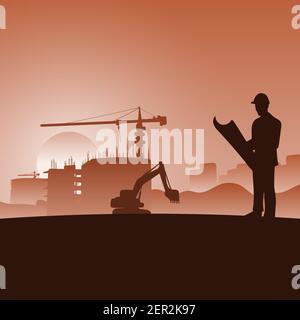 male architect on construciton site checking documents illustration vector in orange gradient shade. Stock Vector