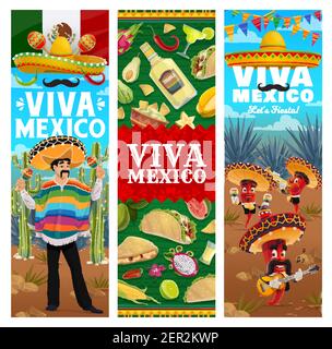 Viva Mexico vector jalapeno chili pepper musicians band in sombrero playing music. Mexican food guacamole and nachos, corn with tacos and tequila. Ind Stock Vector