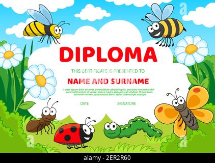 Kids education diploma with cartoon insects cute bees, butterfly and ladybug, caterpillar and ant on green grass, chamomile flowers under cloudy sky. Stock Vector