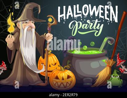 Halloween party cartoon vector poster. Wizard with long white beard, gown and hat hold magic staff and fire near cauldron with green potion. Halloween Stock Vector