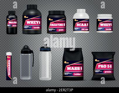 Sport food containers. Realistic drink bottles. Vector protein powder By  Microvector