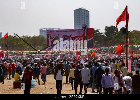 Supporters attend a joint rally of the Congress, Left and Indian Secular Front (ISF) parties ahead of the state legislative assembly elections. Stock Photo