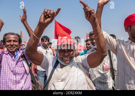 Supporters cheer on during a joint rally of the Congress, Left and Indian Secular Front (ISF) parties ahead of the state legislative assembly elections. Stock Photo