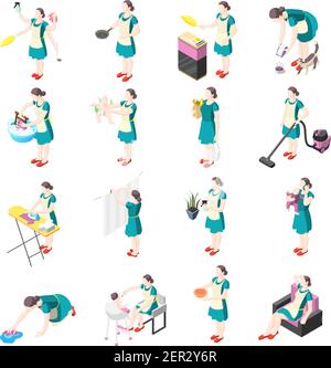 Tortured housewife isometric icons with female persons involved in washing cooking cleaning ironing gardening dishwashing babysitting isolated vector Stock Vector