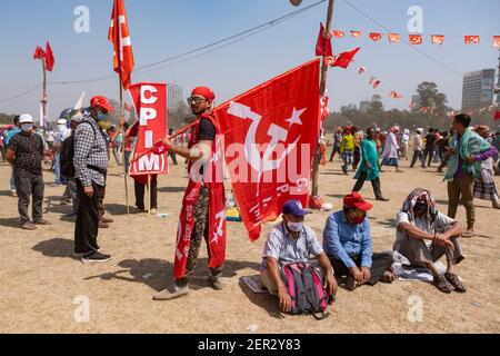 Supporters attend a joint rally of the Congress, Left and Indian Secular Front (ISF) parties ahead of the state legislative assembly elections. Stock Photo