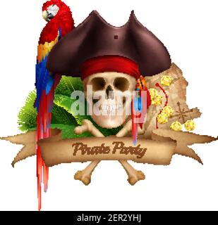 Pirate party realistic composition with old map colorful parrot and hat worn on skull realistic vector illustration Stock Vector