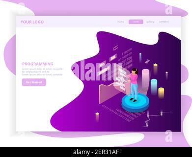 Freelance programming isometric landing page design composition with editable text and infographic images with charts vector illustration Stock Vector