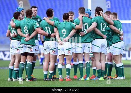 Rome, Italy. 27th Feb, 2021. Ireland team in action during the 2021 Guinness Six Nations Rugby Championship match between Italy and Ireland at the Stadio Olimpico in Rome, Italy, on February 27, 2021. (Photo Roberto Ramaccia/INA Photo Agency) Credit: Sipa USA/Alamy Live News Stock Photo